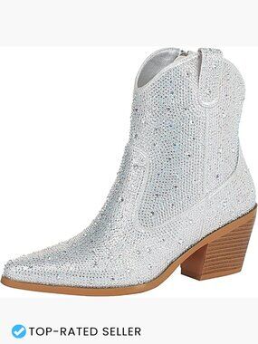 Rhinestone Cowboy Boots Chunky Heel Sparkly Cowgirl Ankle Boots Party Pointed